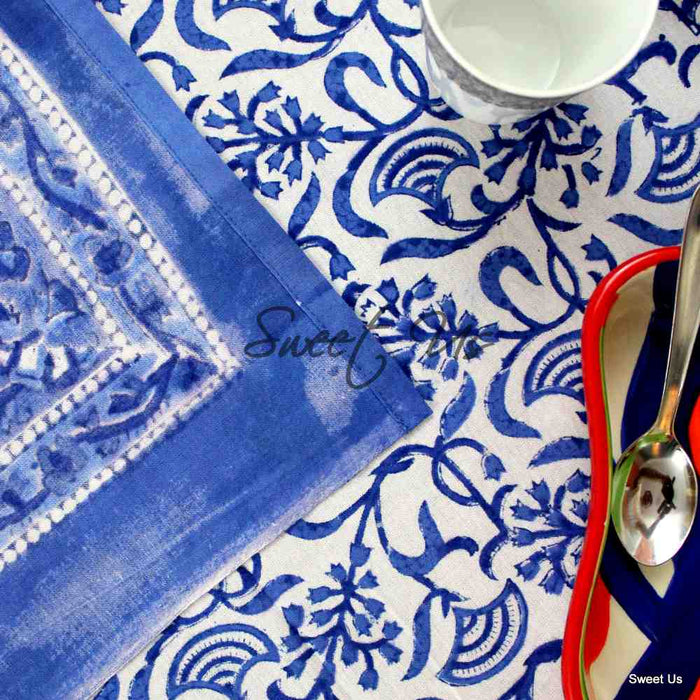 Begonia Floral Cotton Block Print Tablecloth Rectangle, Sky Petals - Sweet Us