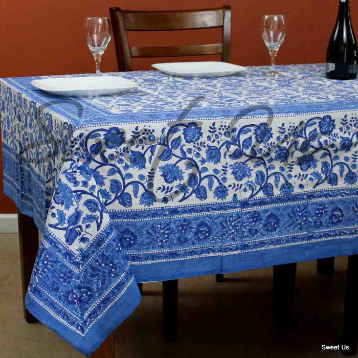 Begonia Floral Cotton Block Print Tablecloth Rectangle, Coastal Breeze - Sweet Us