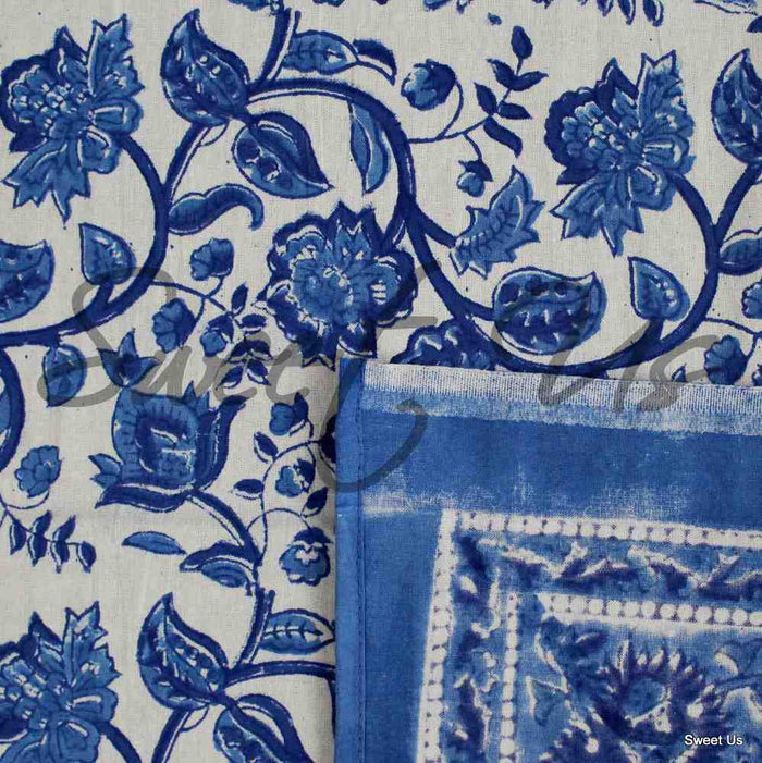 Begonia Floral Cotton Block Print Tablecloth Rectangle, Coastal Breeze - Sweet Us