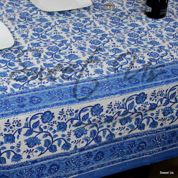 Begonia Floral Cotton Block Print Tablecloth Rectangle, Coastal Breeze - Sweet Us