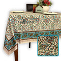 Ashlyn Block Print Floral Tablecloth Square Sky Blue, Gold, Green, Beige - Sweet Us
