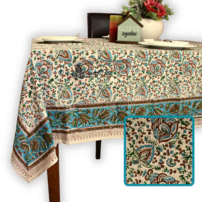 Ashlyn Block Print Floral Tablecloth Square Sky Blue, Gold, Green, Beige - Sweet Us
