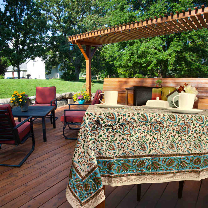 Ashlyn Block Print Floral Tablecloth Square Sky Blue, Gold, Green, Beige - Sweet Us