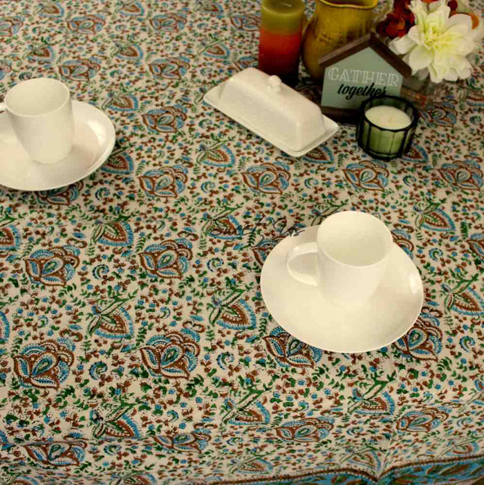 Ashlyn Block Print Floral Tablecloth Square Sky Blue, Gold, Green, Beige - Sweet Us