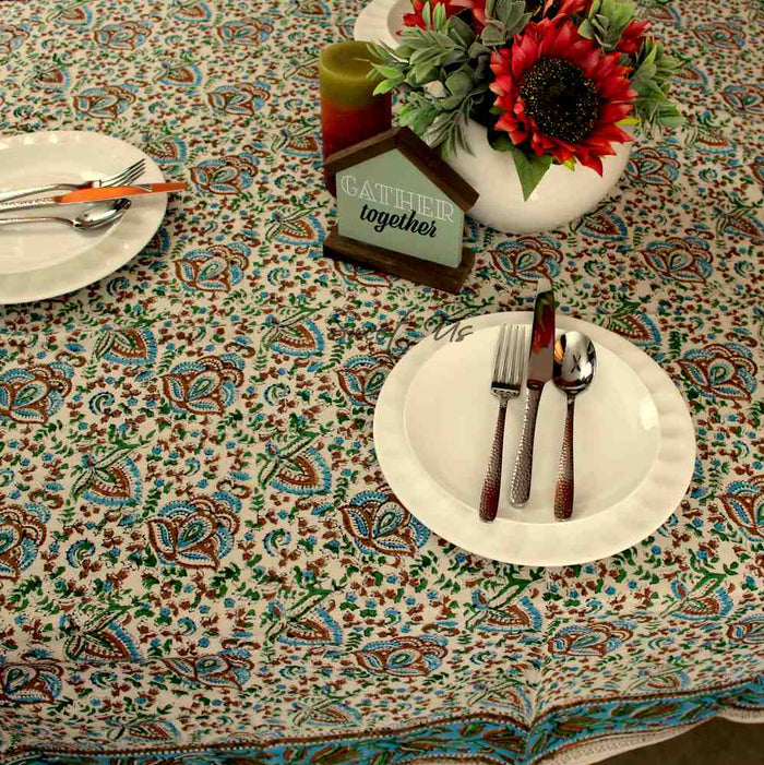 Ashlyn Block Print Floral Tablecloth Square Sky Blue, Gold, Green, Beige - Sweet Us