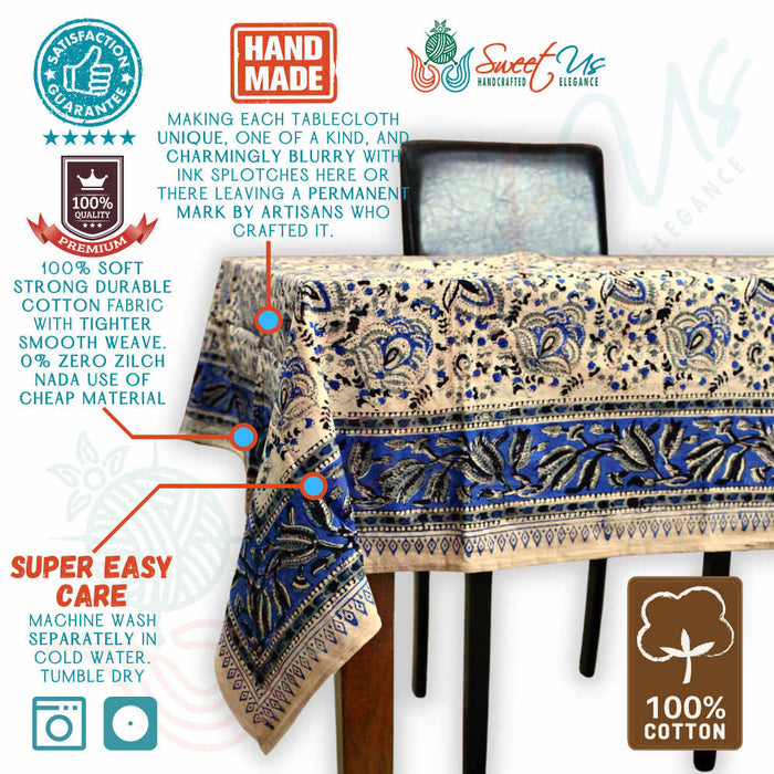 Ashlyn Hand?Block Printed Cotton Square Tablecloth — Midnight Bloom - Sweet Us