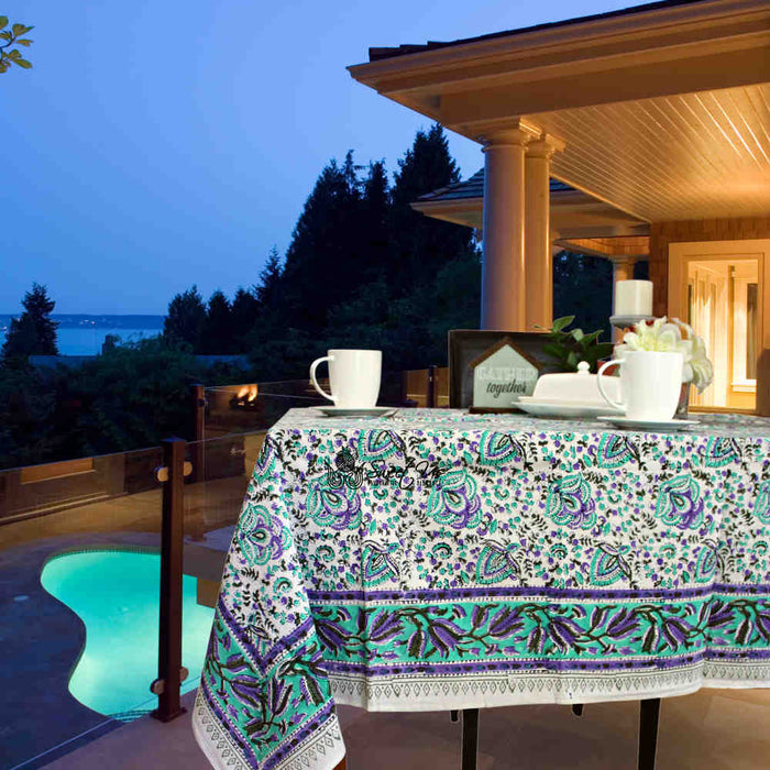 Ashlyn Hand?Block Printed Cotton Square Tablecloth — Twilight Bloom - Sweet Us