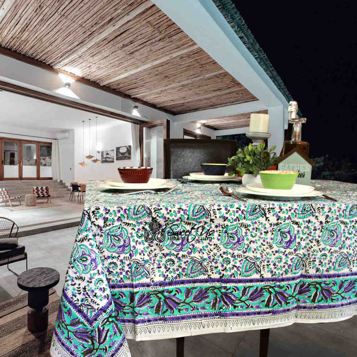 Ashlyn Hand?Block Printed Cotton Square Tablecloth — Twilight Bloom - Sweet Us