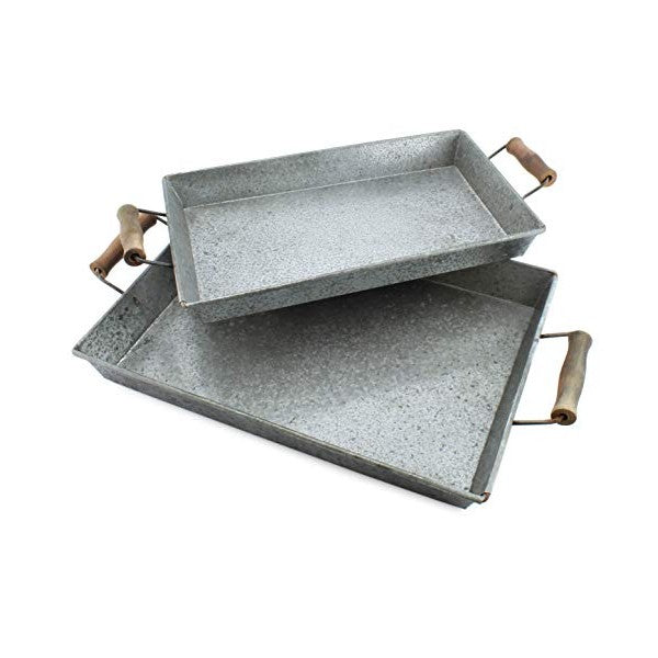 AuldHome 15" Silver Gray Galvanized Farmhouse Trays (Set of 2, Small & Medium)