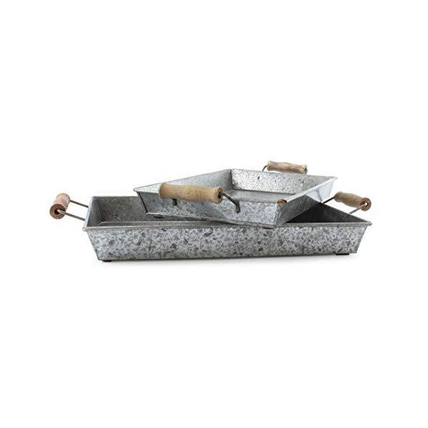 AuldHome 15" Silver Gray Galvanized Farmhouse Trays (Set of 2, Small & Medium)