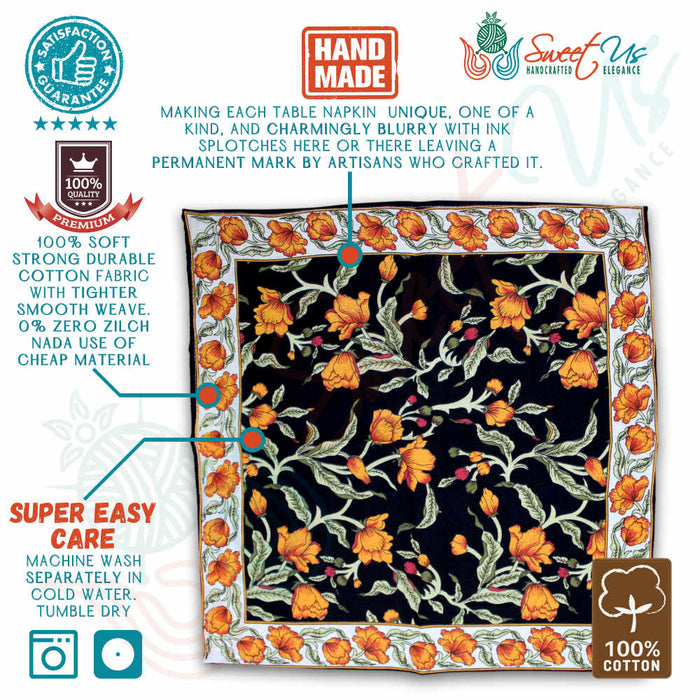 The Affluent Floral French Country Cotton Table Napkin, Amber Black - Sweet Us