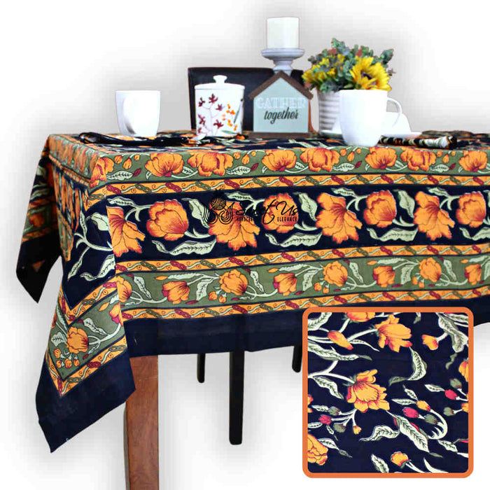 Affluent Floral French Country Cotton Tablecloth Rectangle, Square, Amber Black - Sweet Us