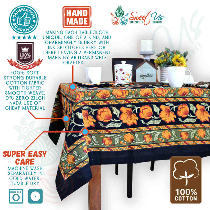 Affluent Floral French Country Cotton Tablecloth Rectangle, Square, Amber Black - Sweet Us