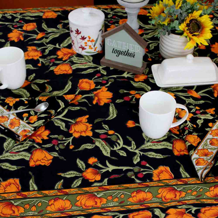 Affluent Floral French Country Cotton Tablecloth Rectangle, Square, Amber Black - Sweet Us