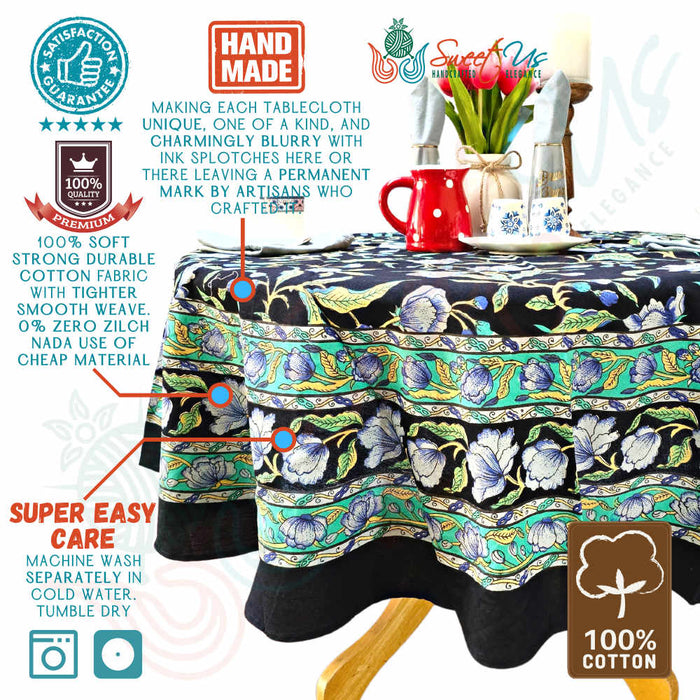 The Affluent Floral French Country Tablecloth Round, Power Black - Sweet Us