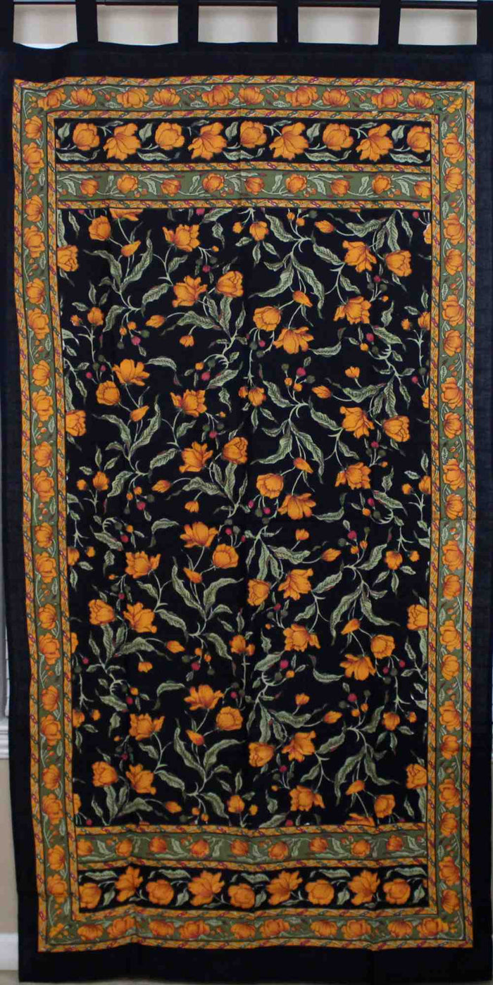 Handmade French Floral Tab Top Curtain 100% Cotton Drape Door Panel Black Amber - Sweet Us