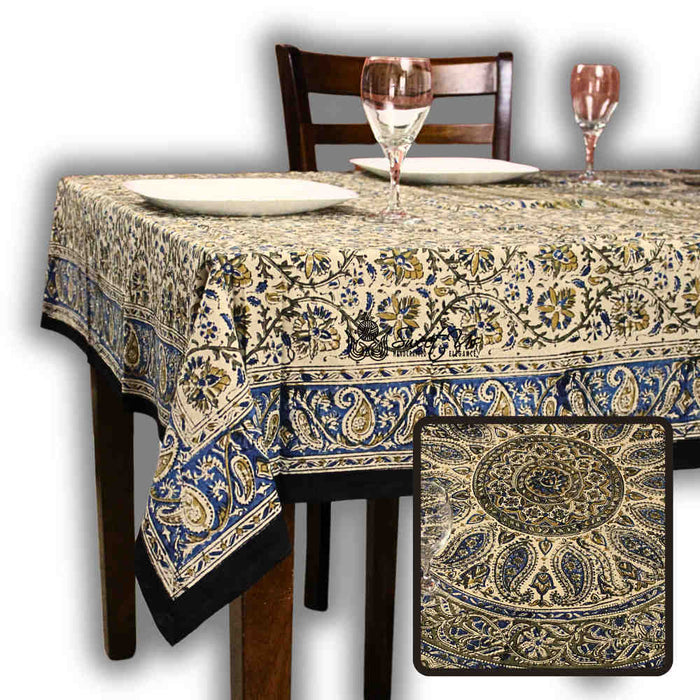 Vintage Paisley Cotton Block Print Floral Tablecloth Rectangle, Aqua Dusk - Sweet Us