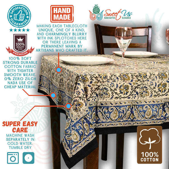 Vintage Paisley Cotton Block Print Floral Tablecloth Rectangle, Aqua Dusk - Sweet Us