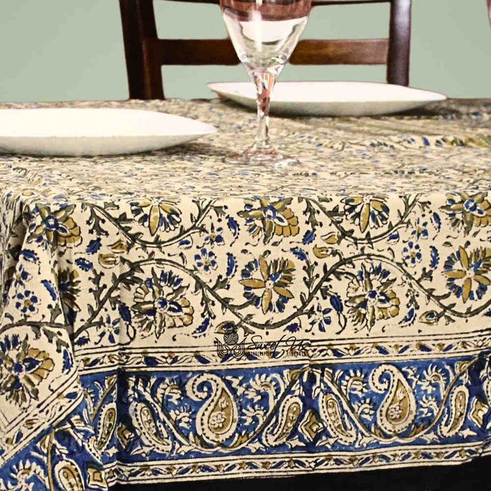 Vintage Paisley Cotton Block Print Floral Tablecloth Rectangle, Aqua Dusk - Sweet Us