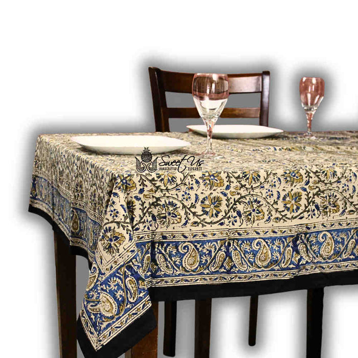 Vintage Paisley Cotton Block Print Floral Tablecloth Rectangle, Aqua Dusk - Sweet Us