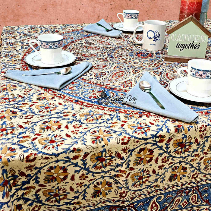 Vintage Paisley Block Print Cotton Floral Tablecloth Rectangle, Aqua Dusk - Sweet Us