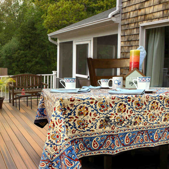 Vintage Paisley Block Print Cotton Floral Tablecloth Rectangle, Aqua Dusk - Sweet Us