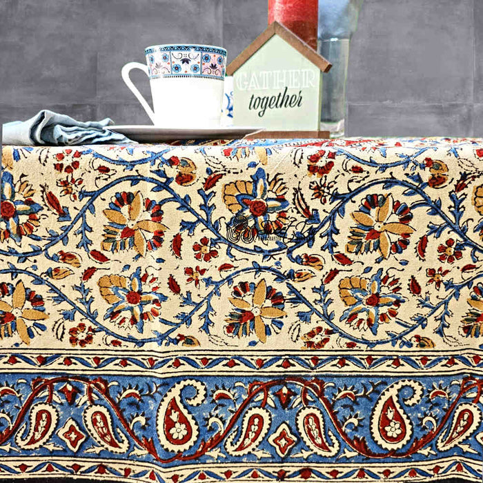 Vintage Paisley Block Print Cotton Floral Tablecloth Rectangle, Aqua Dusk - Sweet Us