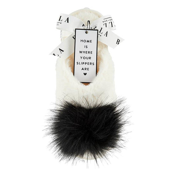 Bella | Plush Slippers - Ivory with Black Pom Pom