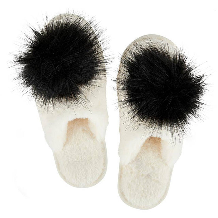 Bella | Plush Slippers - Ivory with Black Pom Pom