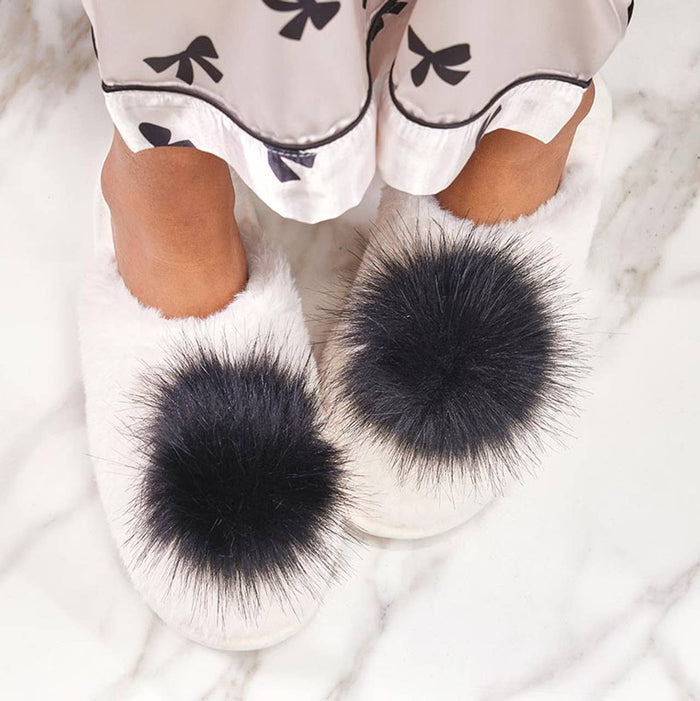 Bella | Plush Slippers - Ivory with Black Pom Pom
