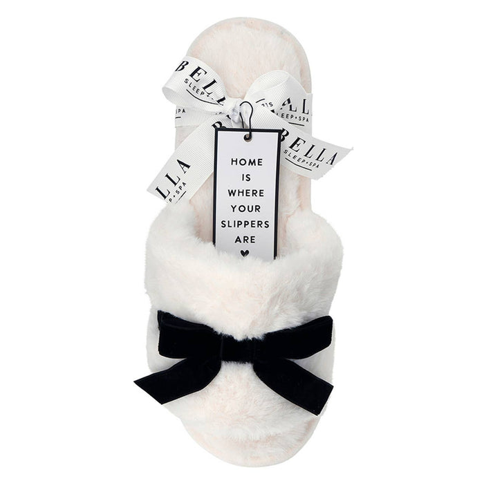 Bella | Plush Velvet Bow Slippers - Ivory + Black Velvet Bow