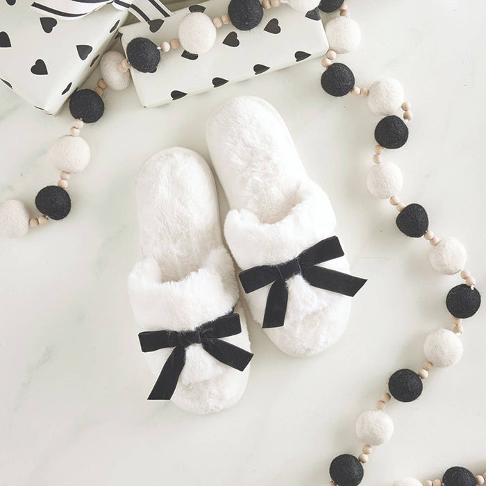 Bella | Plush Velvet Bow Slippers - Ivory + Black Velvet Bow