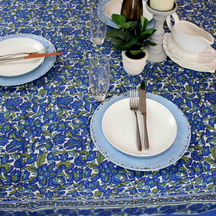 Bianca Floral Cotton Tablecloth Rectangle, Deep Blue, Olive Green - Sweet Us