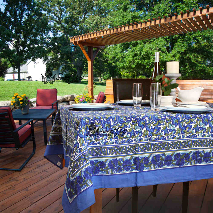 Bianca Floral Cotton Tablecloth Rectangle, Deep Blue, Olive Green - Sweet Us