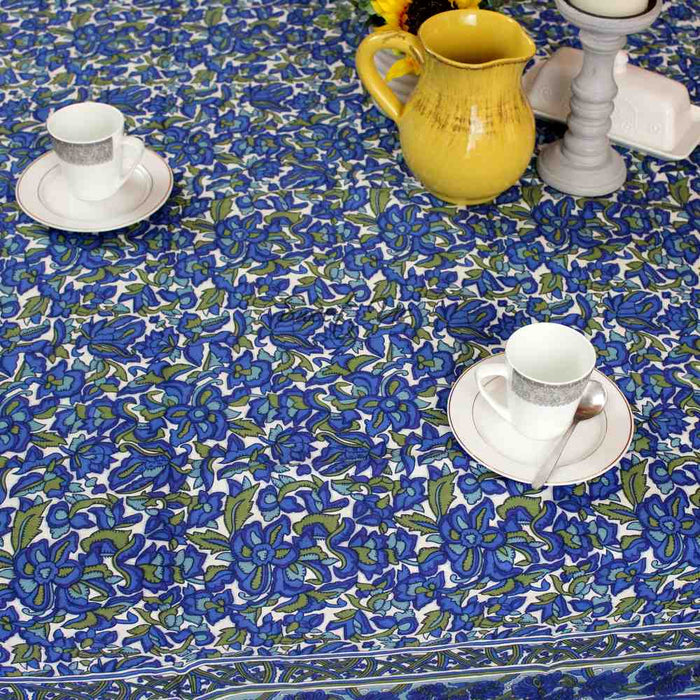 Bianca Floral Cotton Tablecloth Rectangle, Deep Blue, Olive Green - Sweet Us