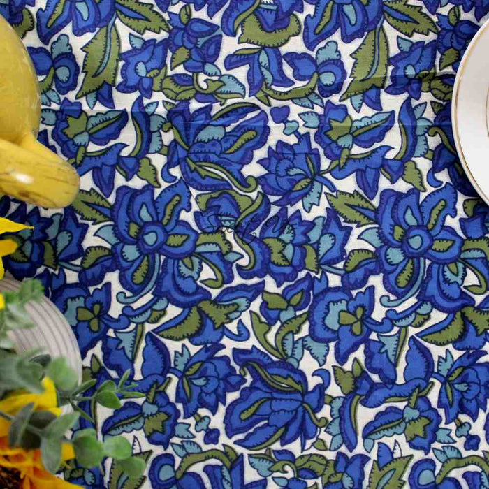 Bianca Floral Cotton Tablecloth Rectangle, Deep Blue, Olive Green - Sweet Us