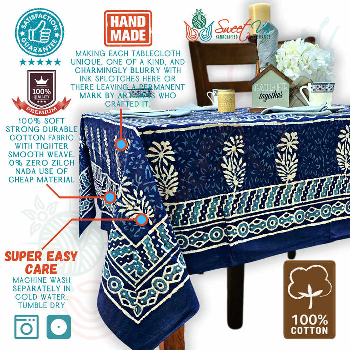 Block Print Cotton Floral Rectangle Tablecloth 60x90 Blue, Green, Red - Sweet Us