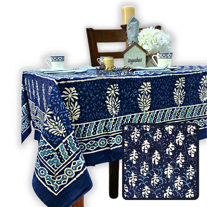 Block Print Cotton Floral Rectangle Tablecloth 60x90 Blue, Green, Red - Sweet Us