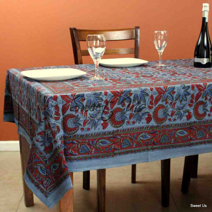 Block Print Cotton Floral Tablecloth Rectangle Blue Red Olive Bed sheet Queen - Sweet Us
