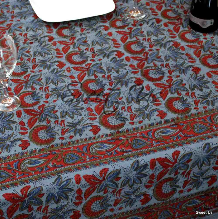 Block Print Cotton Floral Tablecloth Rectangle Blue Red Olive Bed sheet Queen - Sweet Us