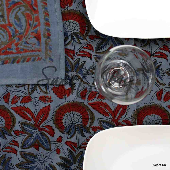 Block Print Cotton Floral Tablecloth Rectangle Blue Red Olive Bed sheet Queen - Sweet Us