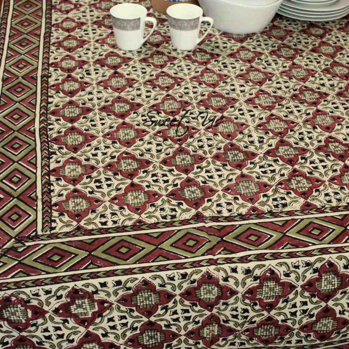 Block Print Cotton VEGGIE DYE Geometric Tablecloth Rectangle Red Beige