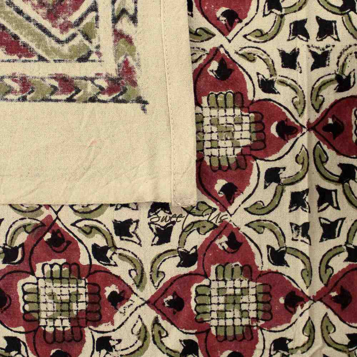Block Print Cotton VEGGIE DYE Geometric Tablecloth Rectangle Red Beige