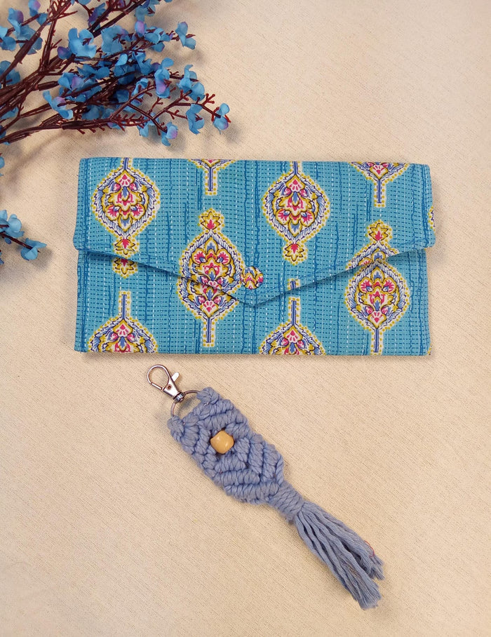 Blue Block Print Clutch & Macramé Keychain Set