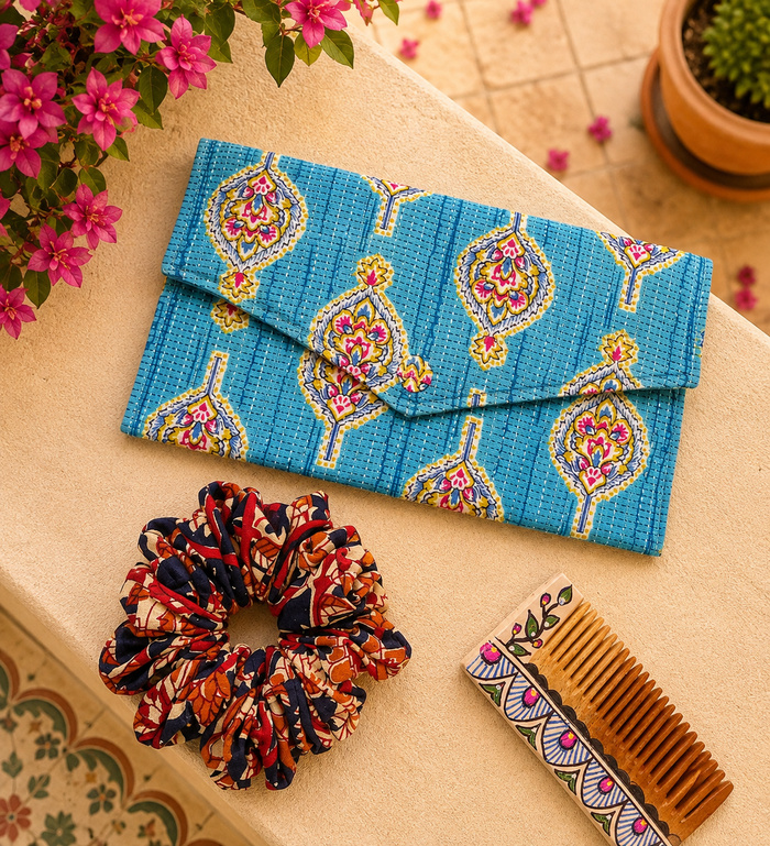 Blue Block Print Clutch & Printed Scrunchie Everyday Carry Set