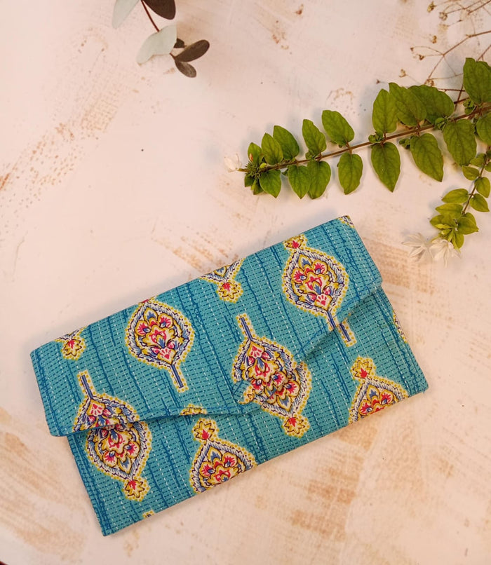 Blue Block Print Clutch & Printed Scrunchie Everyday Carry Set