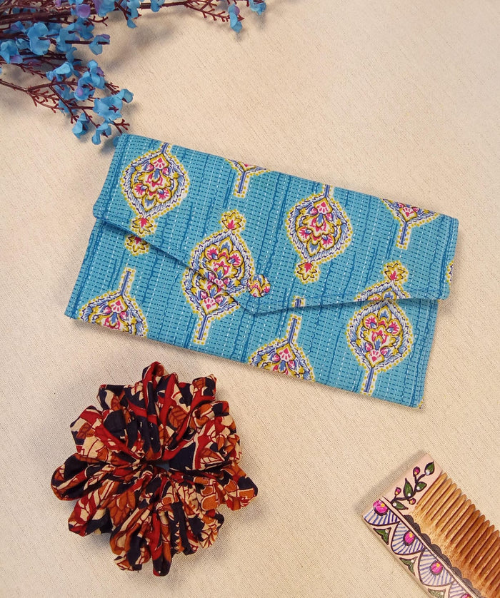 Blue Block Print Clutch & Printed Scrunchie Everyday Carry Set