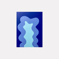 The artwork 'BLUE' by Shadia Sabagh features abstract flowing forms in varying shades of blue, from deep navy to light aqua. The composition showcases undulating wavy shapes that create a sense of movement and depth on the 24x18 inch acrylic canvas, with smooth gradients transitioning between each tonal layer.