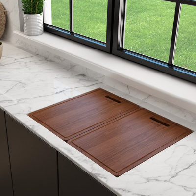 BOCCHI 2 x Wooden Cutting Board/Cover for Baveno w/ Handle - Sapele Mahogany for 1633 Sinks (Outer Ledge)