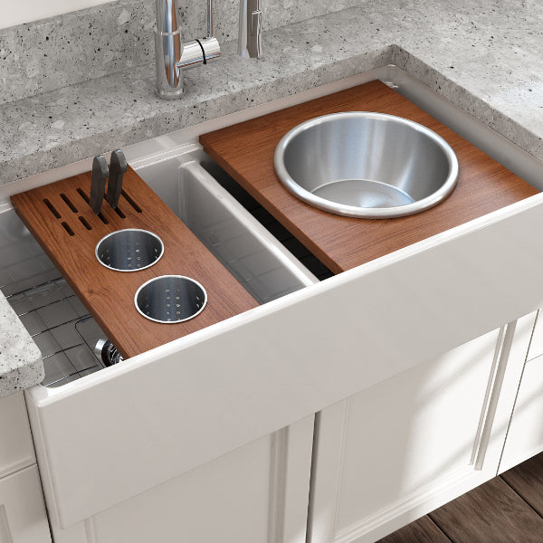 BOCCHI 2320 0009 Wood Board with 2 Round Stainless Steel Bowls & Knife Holder